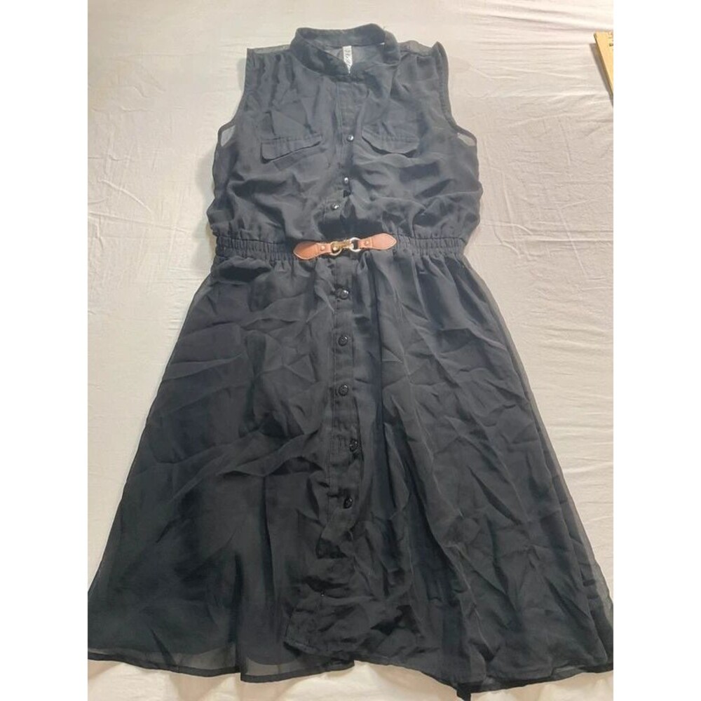 R&B Belted Sleeveless Sheer Shirt Dress Black M